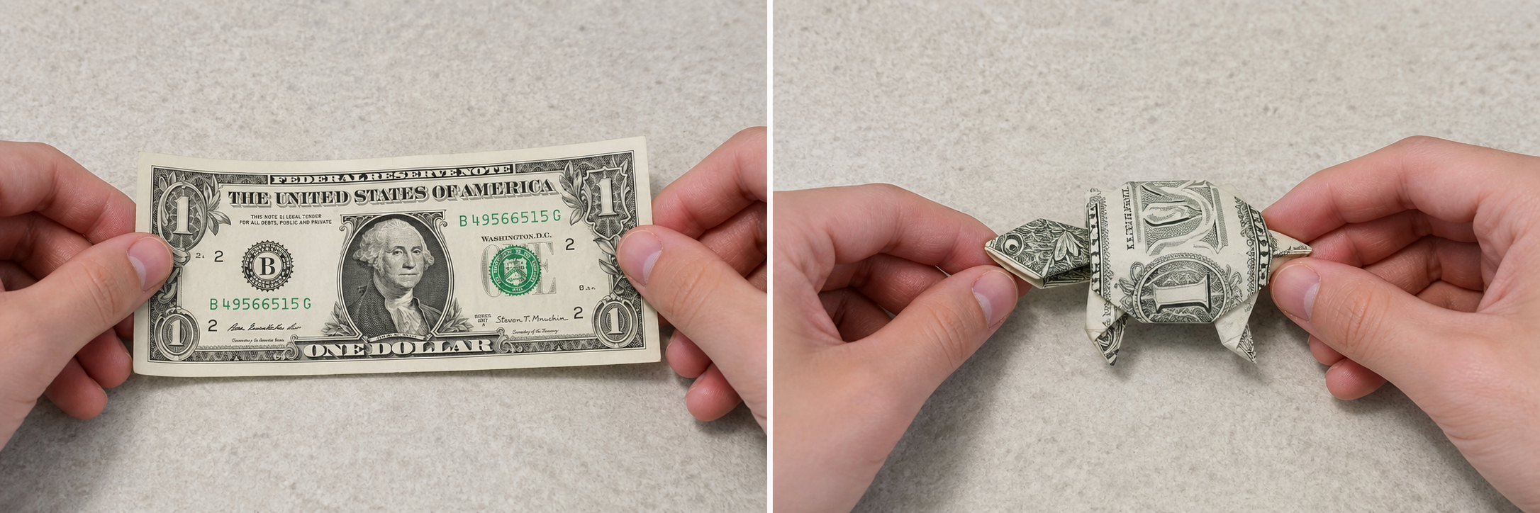 Before and after photographs showing a one-dollar banknote folded into an origami turtle